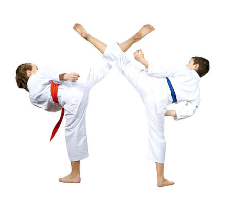 On a white background athletes are beating kick legの写真素材