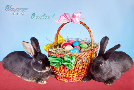 Two rabbits lie near the Easter basket