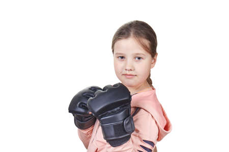 On an isolated white background athlete with black overlays on her handsの写真素材