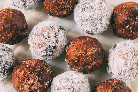 Balls Brownie candy in cocoa and coconut, sugar free, diet. Top viewの写真素材