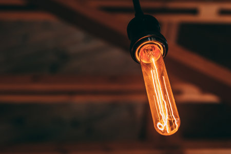 Long retro incandescent lamp hanging from the ceiling in a pub under a wooden roof