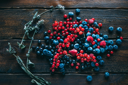 Red black currant blueberries and a sprig of dry mintの写真素材