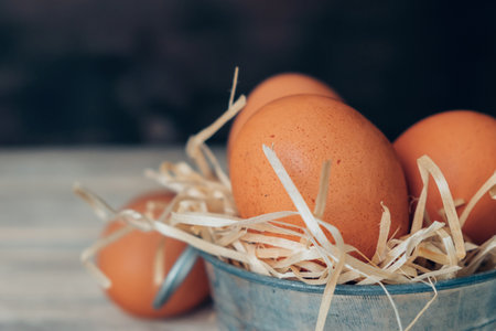 Chicken eggs on decorative straw in a decorative stainless steel basin on a wooden table. One egg in focus very closeの写真素材