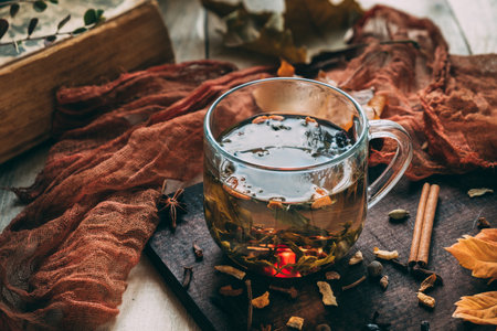 Glass mug with tea on a light wooden table on a dark board.の写真素材