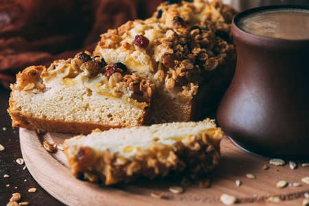 Apple pie sprinkled with baked oatmeal close-upの写真素材