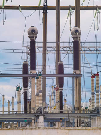 The electric wires on a high-voltage powerの写真素材
