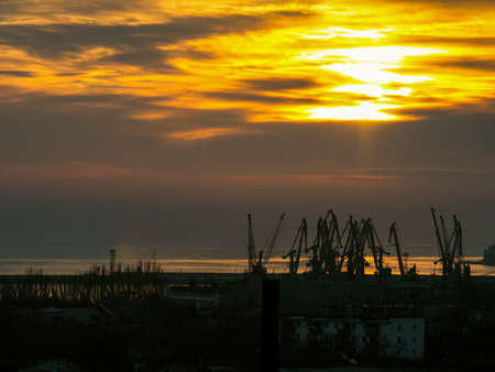 A port with cranes in the early morningの写真素材
