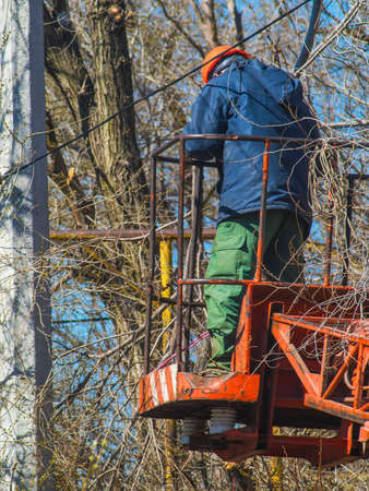 A worker on the stairs removes twigs and ragged wiresの写真素材