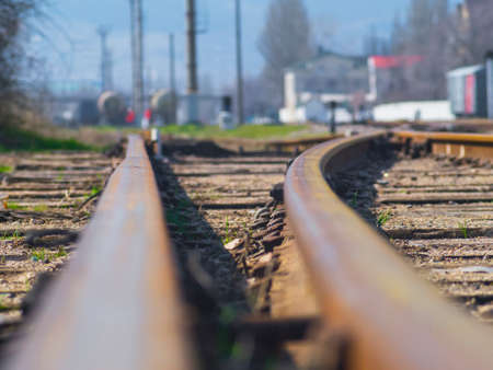 The rails on the railway close up