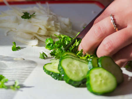 Sliced green parsley and cucumber on white tableの写真素材