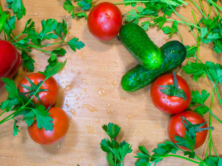 The healthy vegetables and herbs. Wooden background.の写真素材