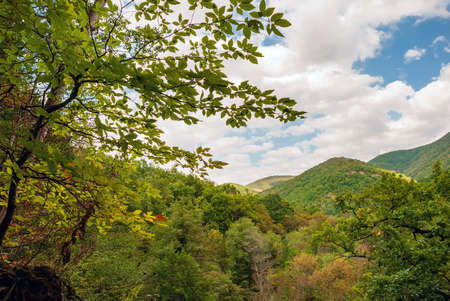 Mountain autumn landscape against the background of a blue sky with white clouds. Divnomorskoe. Krasnodar Territory.の写真素材