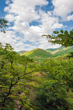 Mountain autumn landscape against the background of a blue sky with white clouds. Divnomorskoe. Krasnodar Territory.の写真素材