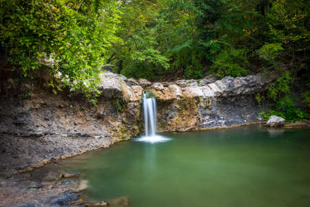 Autumn landscape. Cascades of small waterfalls of the mountain river. Jane River. Krasnodar Territory.の写真素材