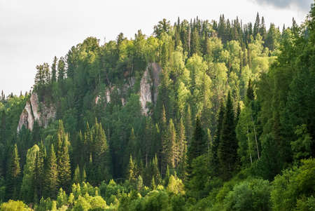 Landscapes of Siberia. Mountains covered with forest on the Kiya river. Kemerovo region. Russiaの写真素材