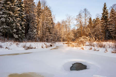 Winter landscape at sunset. The riverbed, spruce and birch trees are a truly Russian landscape.の写真素材