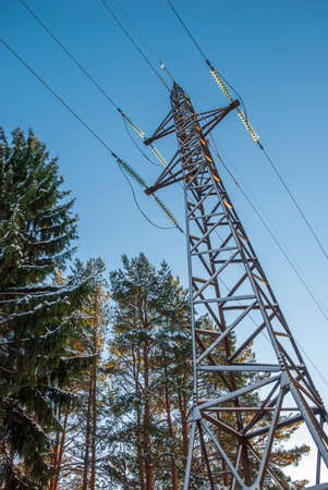 Electric power transmission tower. Electricity distribution infrastructure. Compressors Distribution...