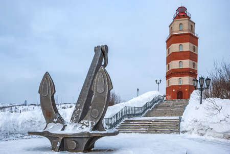 Murmansk city in winter. Lighthouse - a memorial to sailors who died in peacetime. Kola Peninsula.の写真素材