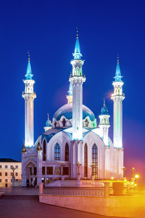 Kazan Kremlin illuminated at night. Kul-Sharif Moscow. Russia. Tatarstan.の写真素材