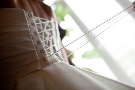 Bride from the back. Lacing the wedding dress.の写真素材