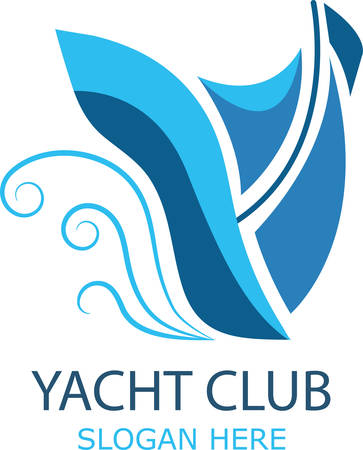 Logo of a sailing yacht and ocean waves floating on the waves. Eps10 vector template.のイラスト素材