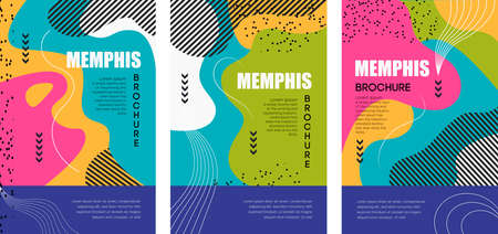 Covers templates set with bauhaus, memphis and hipster style graphic geometric elements. Applicable for placards, brochures, posters, covers and banners. Vector illustrations EPS 10のイラスト素材