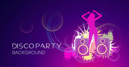 Disco party poster. Party background with speakers, dj and colored circles.のイラスト素材