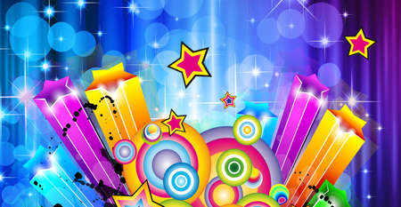 Abstract festive background for a party. Disco poster with neon stars and ribbon. Night club.のイラスト素材