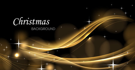 Luxurious black background with golden wavy lines, golden blurry dust, sparks, abstract background with bokeh effect. Festive Christmas or New Year background. Vector.のイラスト素材
