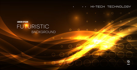 Luxury Black background with golden wavy lines, golden rings, abstract background with bokeh effect. Festive Christmas or New Year background. Vector.のイラスト素材