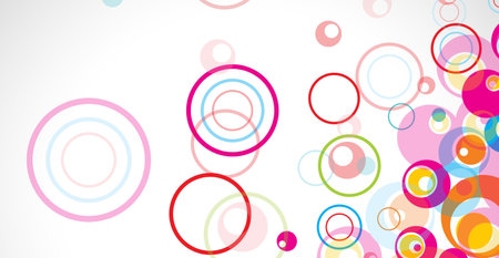 Multicolored circles on a white background. Festive background with colorful circles. Yellow, pink, blue circles, but on a white background. Flying confetti. Vector.のイラスト素材