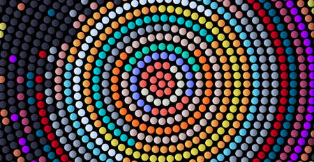 Bright multi-colored mosaic of small circles. Circle shape made of colored dots. Composition coming out of the center. Honeycomb effect.のイラスト素材