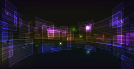 Geometric background with neon glow. Luminous blocks in the form of a grid curved inwards.のイラスト素材