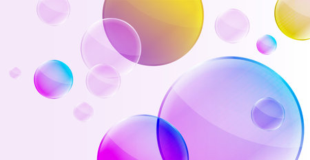 Realistic background with transparent yellow and purple bubbles and reflection effect. Geometric...