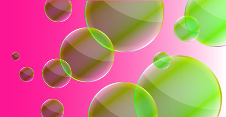 Realistic background with transparent yellow and purple bubbles and reflection effect. Geometric...