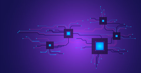 Abstract technological background. Futuristic illustration of high computer and communication technologies on a blue background. High tech digital technology, global social media concept.のイラスト素材