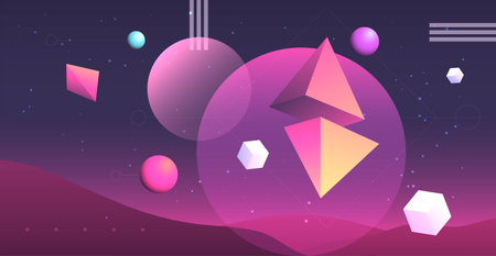 Abstract planets on a background of wireframe geometric shapes. Abstract drawing of the future, science fiction and astronomy. Vectorのイラスト素材