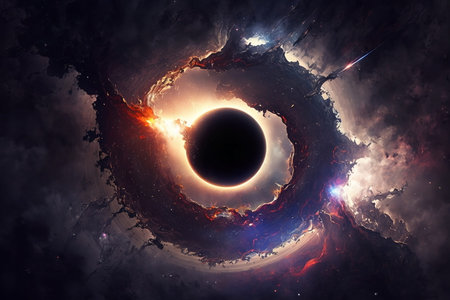Futuristic image of a black hole in deep space. Abstract drawing of the future, science fiction and astronomy.の写真素材