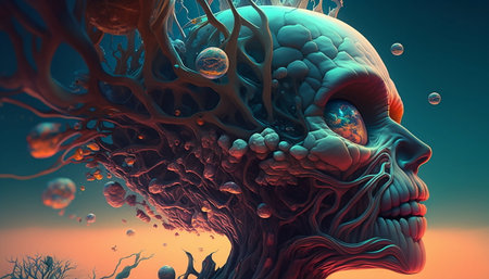 Psychedelic hallucinations. Vibrant illustration. Surreal images. Template for cards, stickers,...