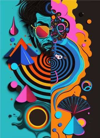 Psychedelic fantasy poster. Surreal hallucinations. Template for cards, stickers, baners, posters, web social media print Vectorのイラスト素材
