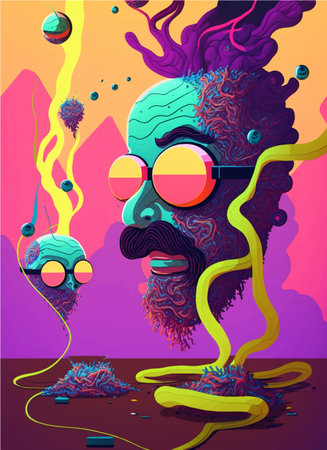 Psychedelic fantasy poster. Surreal hallucinations. Template for cards, stickers, baners, posters, web social media print Vectorのイラスト素材