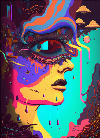 Psychedelic fantasy poster. Surreal hallucinations. Template for cards, stickers, baners, posters,...