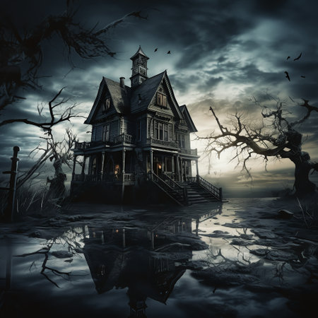 Illustrations of a Spooky House for Halloween. Colorful illustration of an old creepy haunted house. Fairytale and fantasy design. AI Generated.の素材