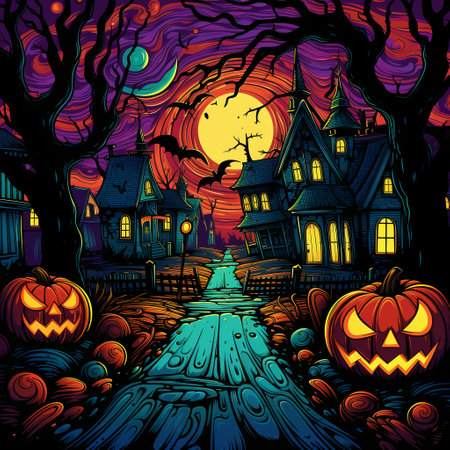 Illustrations of a Spooky House for Halloween. Colorful illustration of an old creepy haunted house. Fairytale and fantasy design. AI Generated.の素材