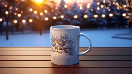 Christmas Mug with hot drink on blurred background with bokeh effect. AI Generated.の素材