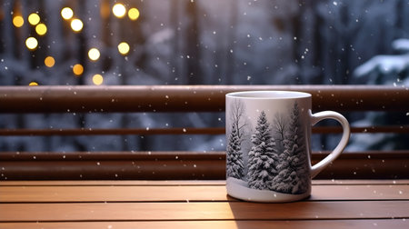 Christmas Mug with hot drink on blurred background with bokeh effect. AI Generated.の素材