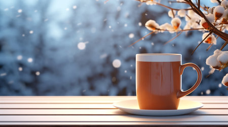 Christmas Mug with hot drink on blurred background with bokeh effect. AI Generated.の素材