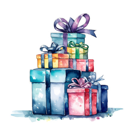 Watercolor Christmas Gifts Clipart, Christmas Watercolor Presents. AI Generated.の素材
