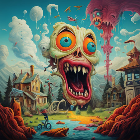 Psychedelic Poster with fantastic landscapes, mystical characters. AI Generatedの素材