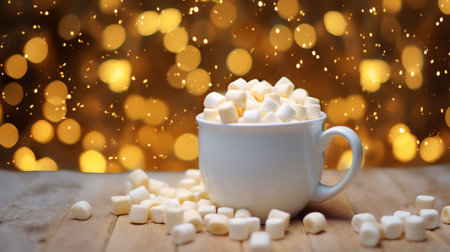 Christmas Mug with marshmallow on blurred background with bokeh effect.の写真素材